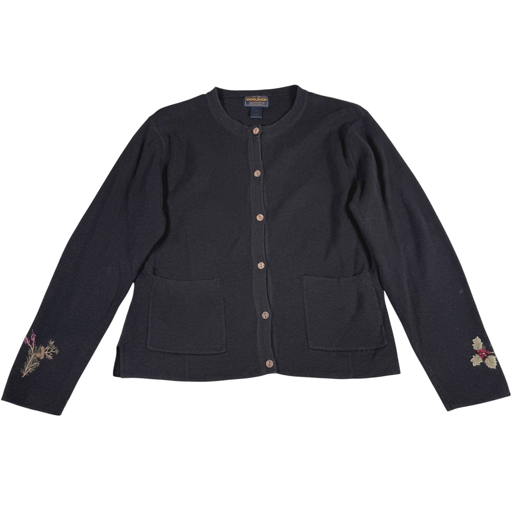Woolrich Dark Brown Embroidered Floral Cardigan Sweater Medium Vintage Retro